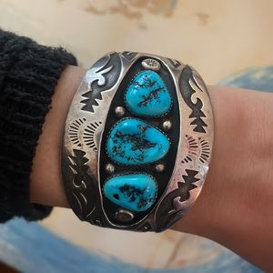Vintage Navajo Sterling Turquoise Bangle by HSB -Artist Howard Begay